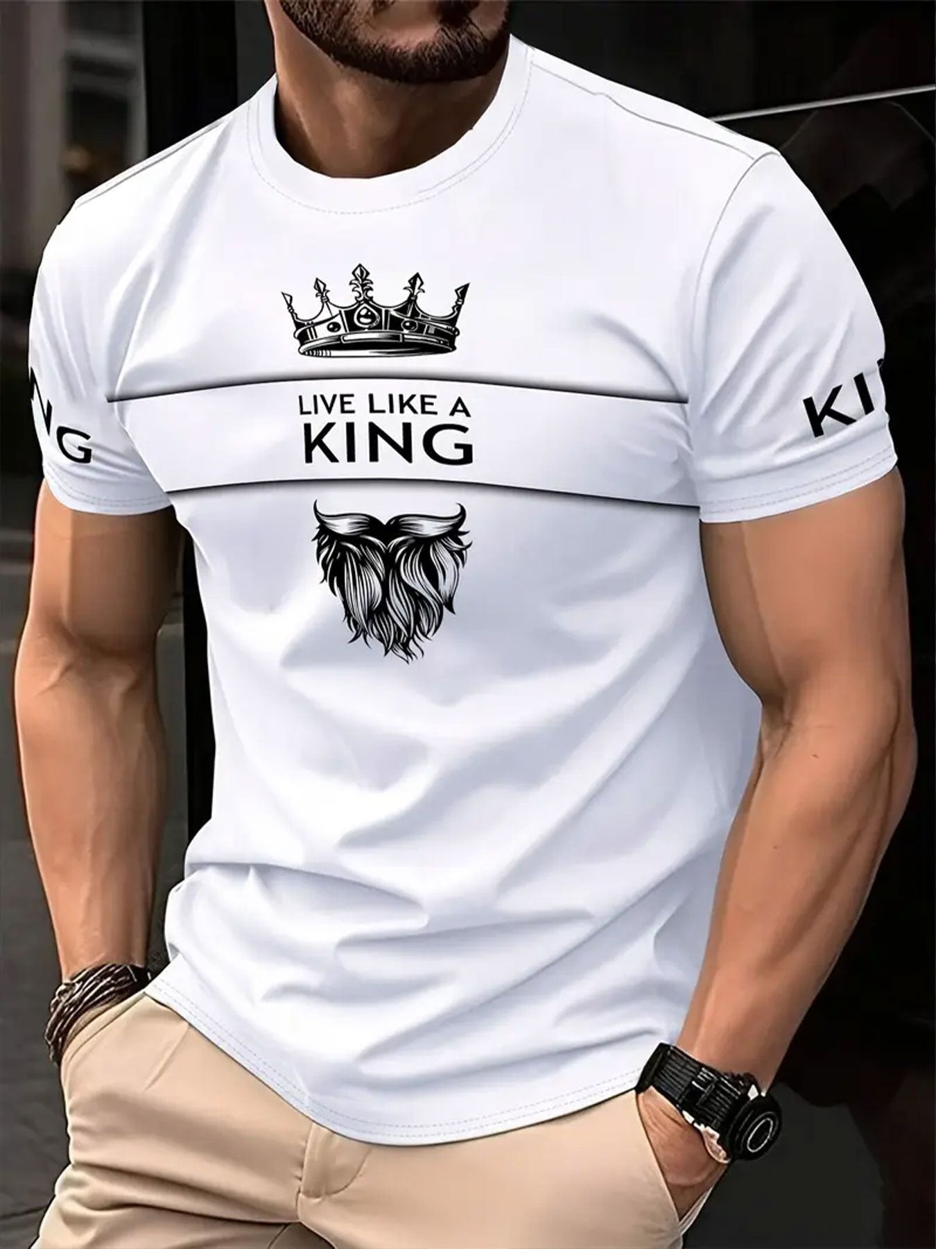 Men'S Casual Short Sleeve T-Shirt - Breathable Summer Tee with Crown Wings Graphic, Regular Fit Round Neck, Lightweight Comfort for Casual Attire, Comfortable Clothing Stylish Casualwear Breathable Fabric