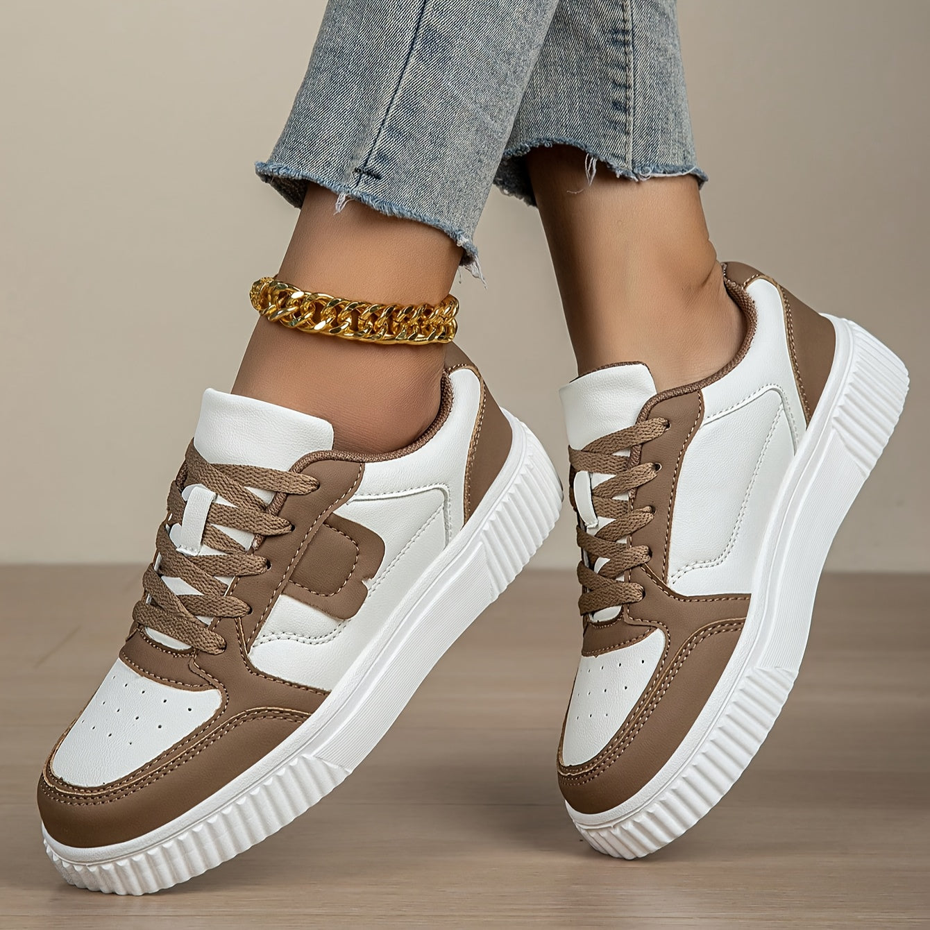 Women's Plus Size Lightweight Casual Sneakers - Thick Sole Slip-Resistant EVA Sole, Breathable Mesh Lining, Round Toe Lace-Up Design, All-Season Comfort, Two-Tone Color Options (White/Brown)