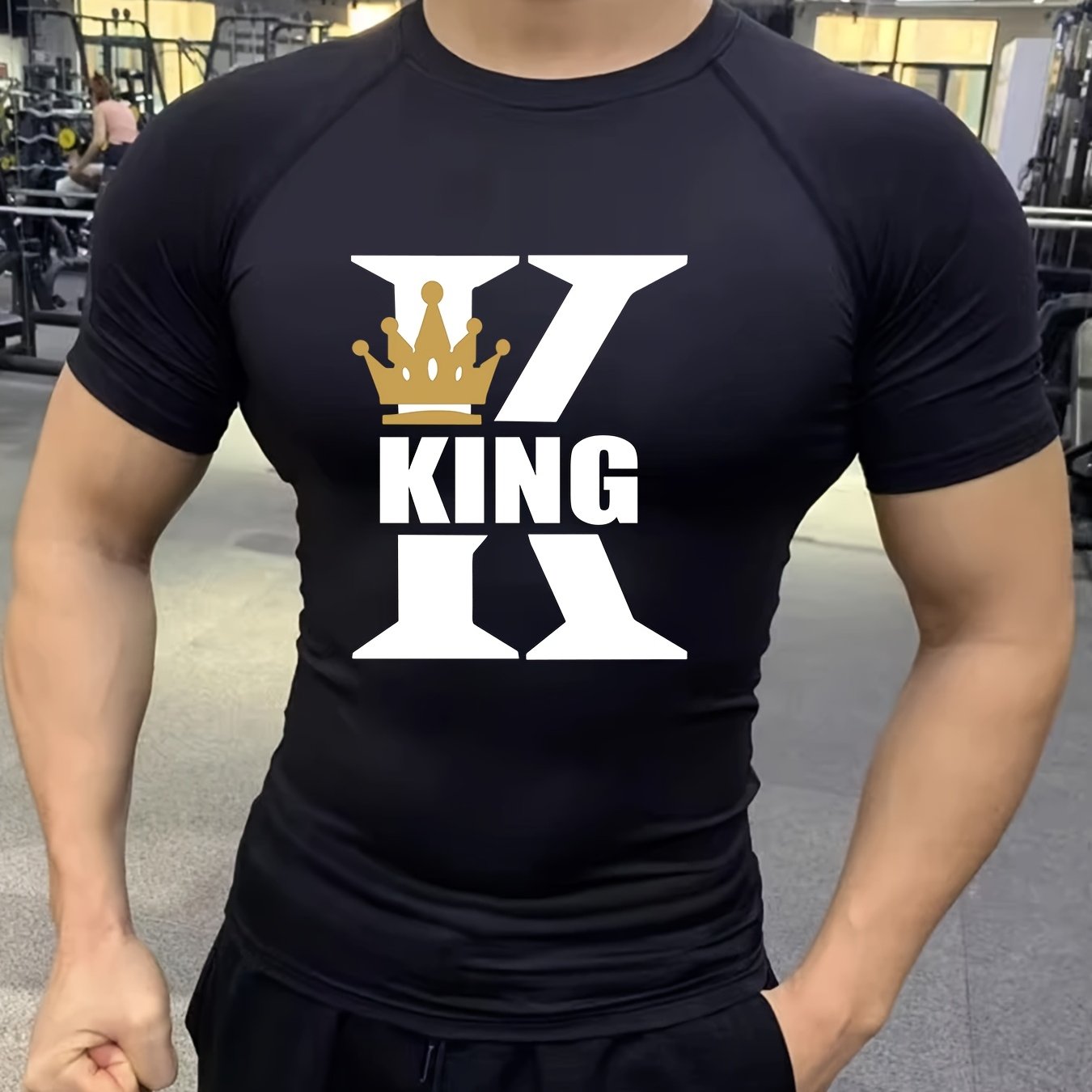 Men'S High-Elastic Breathable Short Sleeve Athletic Shirt - Summer Running Training Top with "KING" Crown Print, High Stretch Microfiber, White, Gym Wear Bold Design Subtle Sheen Finish, Gym Wear Shirts