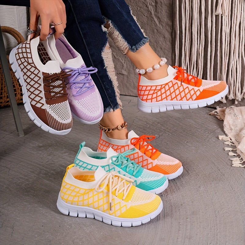 Women's Breathable Knit Sneakers - Lightweight, Lace-Up Casual Shoes with EVA Sole, Available in Brown, Purple, Orange, and Yellow Gradient - Stylish All-Season Footwear, Ladies Sneakers