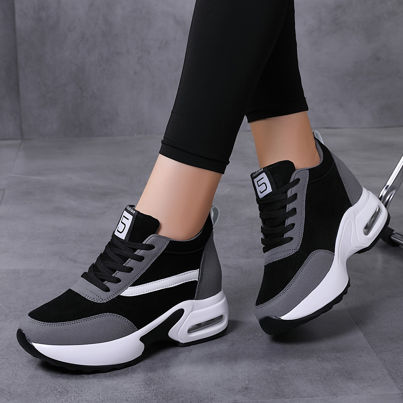 Women's Lace-up Front Chunky Sneakers With Air Cushion, Fashion Platform Sneakers With Hidden Heel For Outdoor Walking