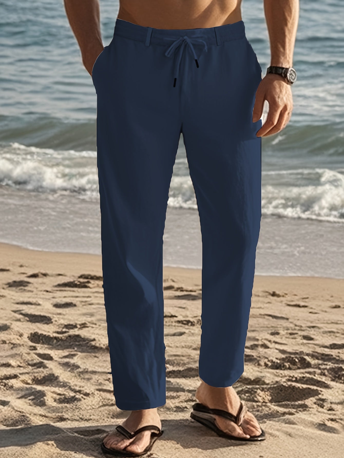 Men'S Casual Linen Drawstring Pants - Comfortable Straight Fit, Lightweight & Breathable for Beach & Outdoor Activities, Beach Casual Wear|Straight Fit Pants|Lightweight Fabric