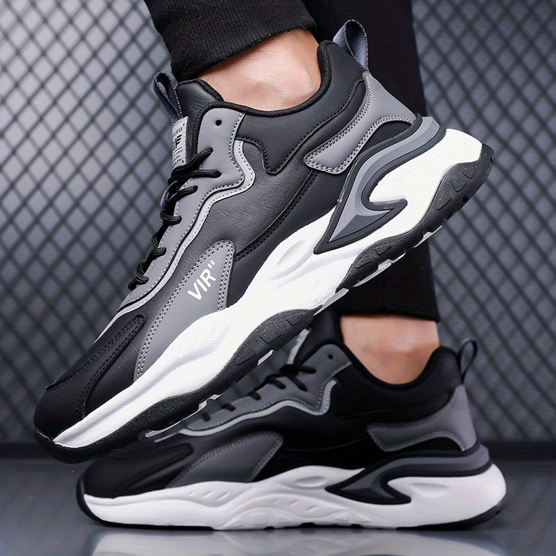 Men's Stylish Color-Block Sneakers - Black Gray with White Accents, Comfortable All-Day Wear, Durable Rubber Sole, Lace-Up Design, Trendy Low-Top Style for Casual or Athletic Use, Casual Sneakers Fashion Sneakers Pu Mat