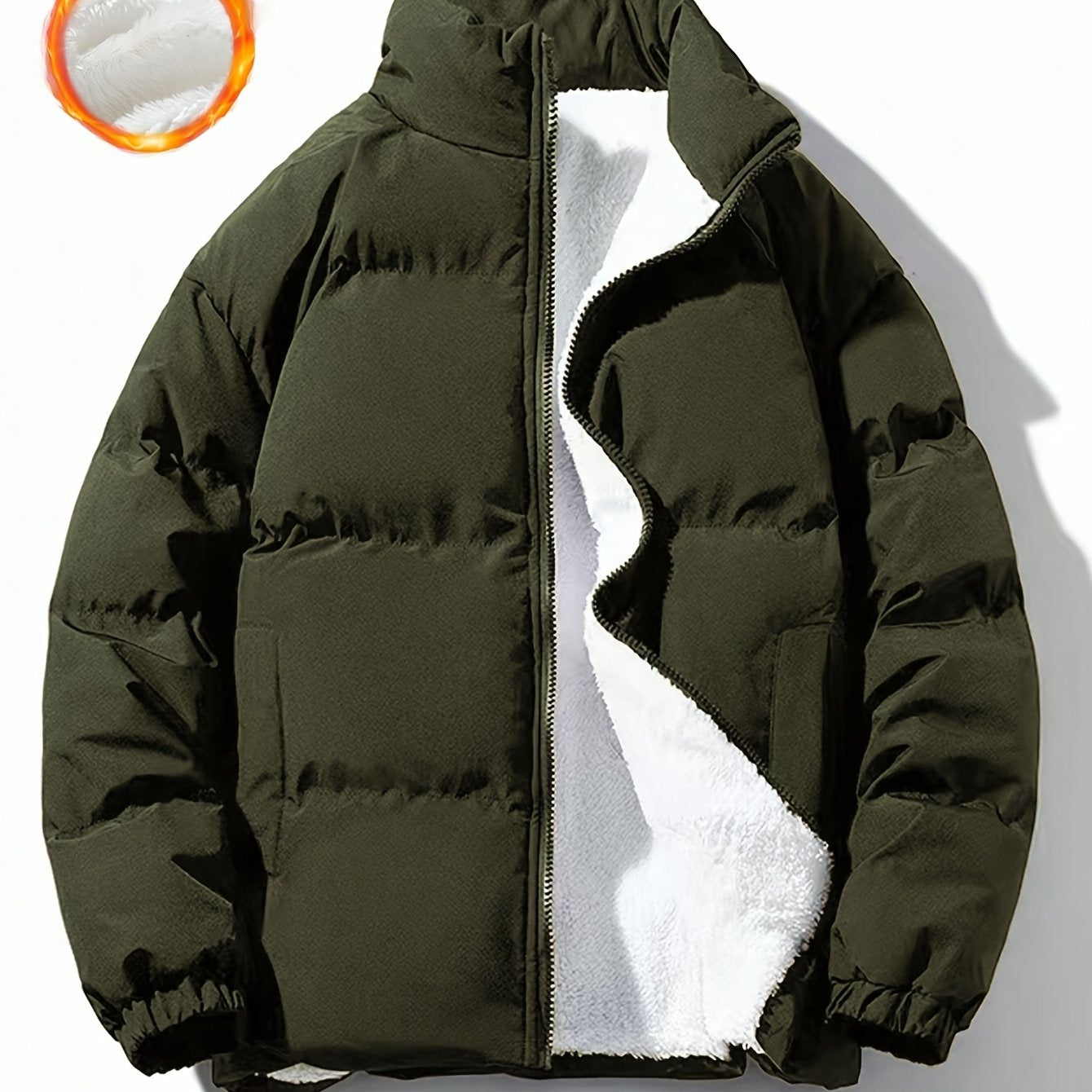 Yilong OBM Men's 2025 Fleece-Lined Winter Coat - Stand Collar Padded Insulation, Machine Washable Polyester, Solid Color Casual Jacket with Zipper Closure for Cold Weather, Winter Jacket, Outdoor Clothing, Minimalist Design,
