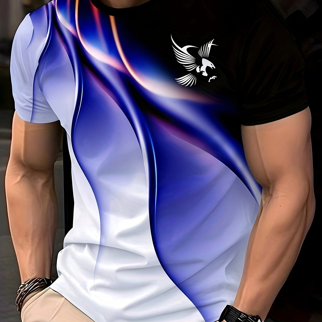 Men'S Round Neck T-Shirt with a Simple Multicolored Bird Pattern Print in Trendy Style.