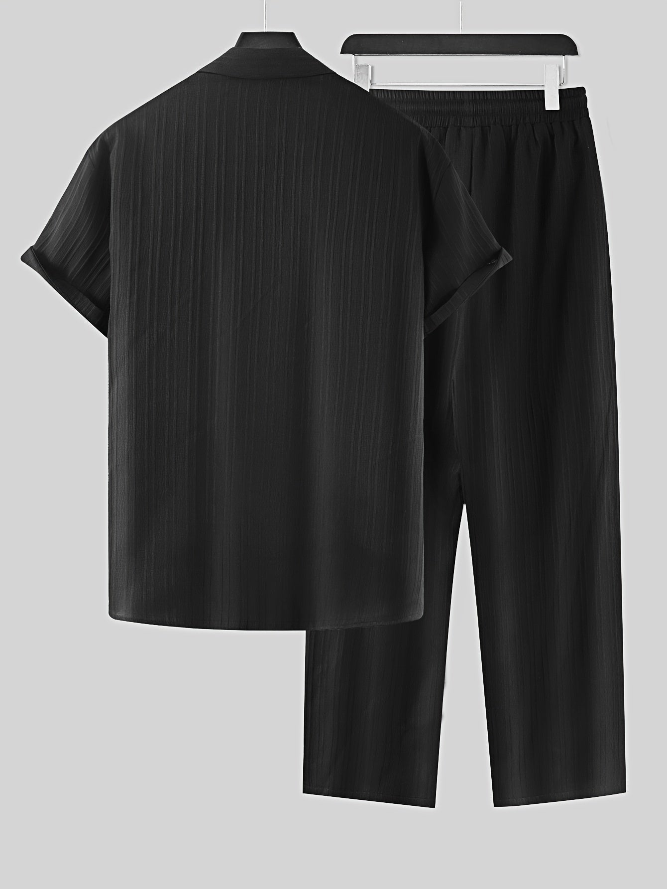 2-piece Men's Stylish Spring Summer Vacation Outfit Set, Men's Ruffled Short Sleeve Lapel Shirt & Drawstring Long Pants Set