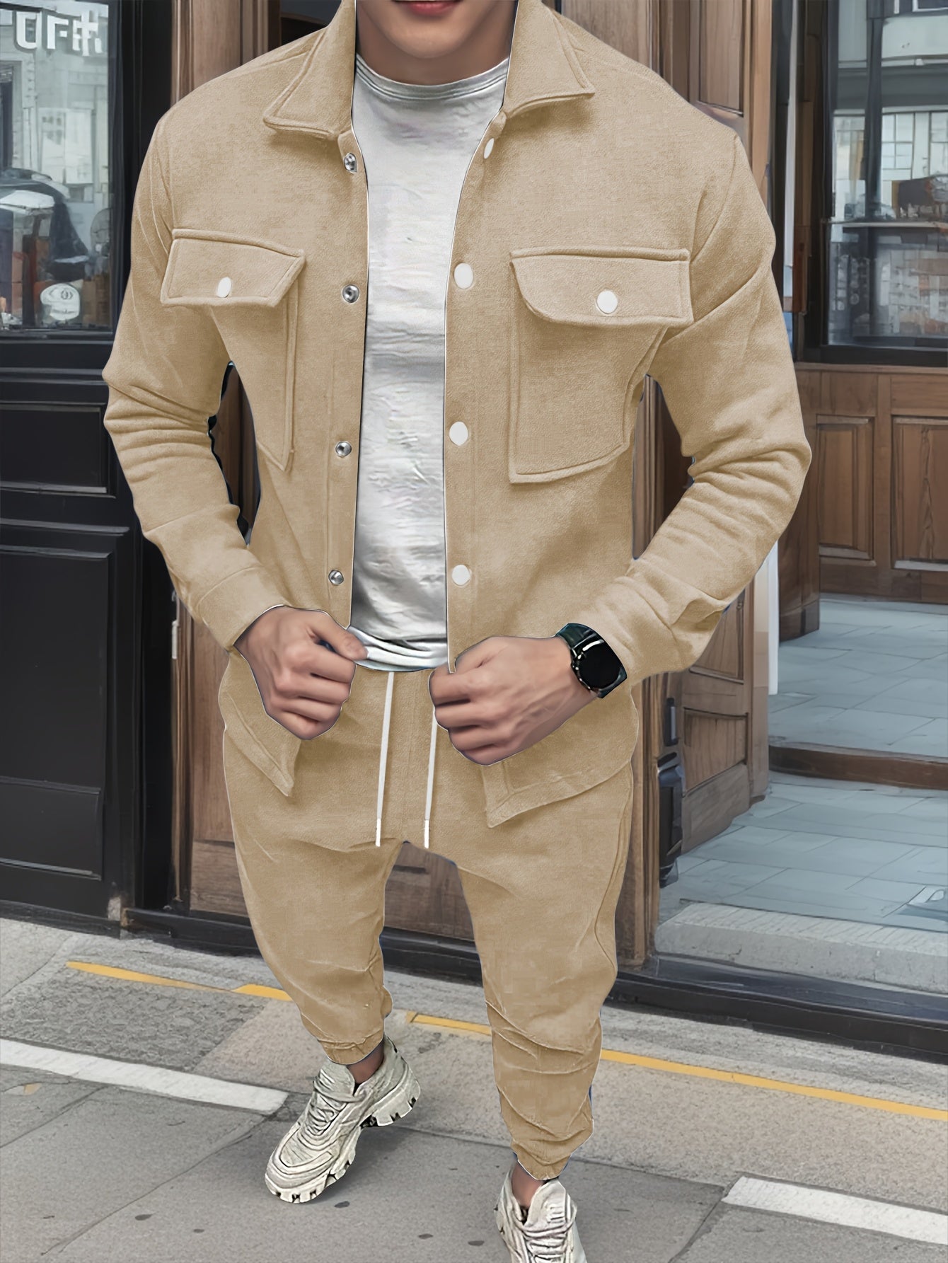 1set Men'S Casual Solid Color Polyester Outfit - Long Sleeve Button-Down Lapel Collar Jacket with Pockets and Drawstring Long Pants Set for Fall/Winter