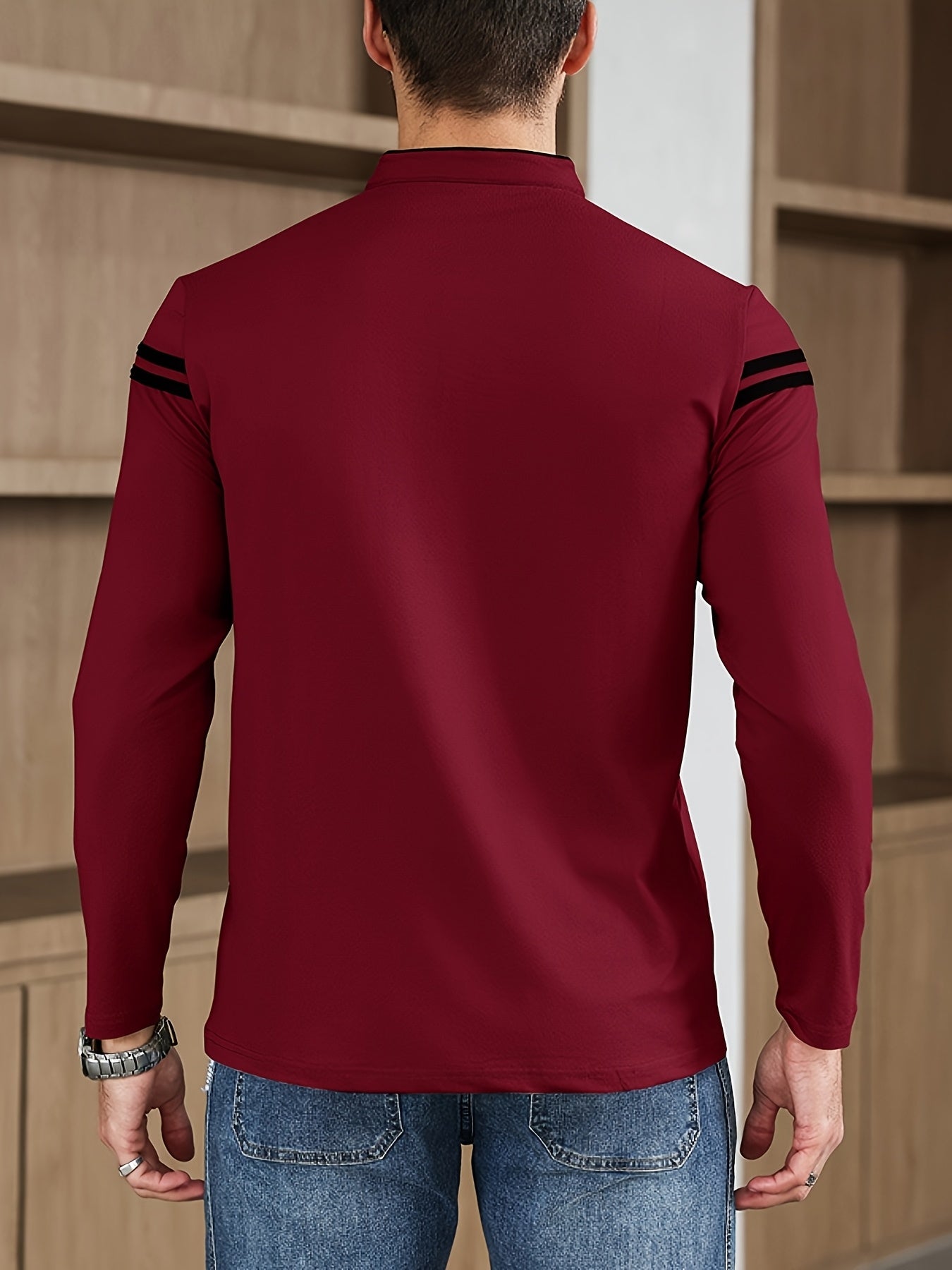 Men'S Casual Long Sleeve T-Shirt - Solid Color with Stand Collar Stripe Polo, Button-Up Front, Ideal for Outdoor Activities