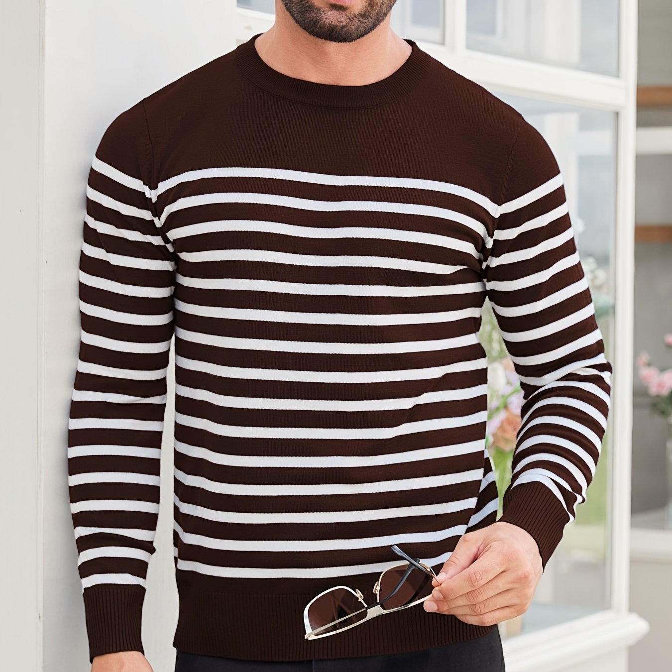 Spring And Autumn Casual Two-Color Striped Men'S Sweater Pullover Color-Block Round Neck Men'S Knitted Shirt