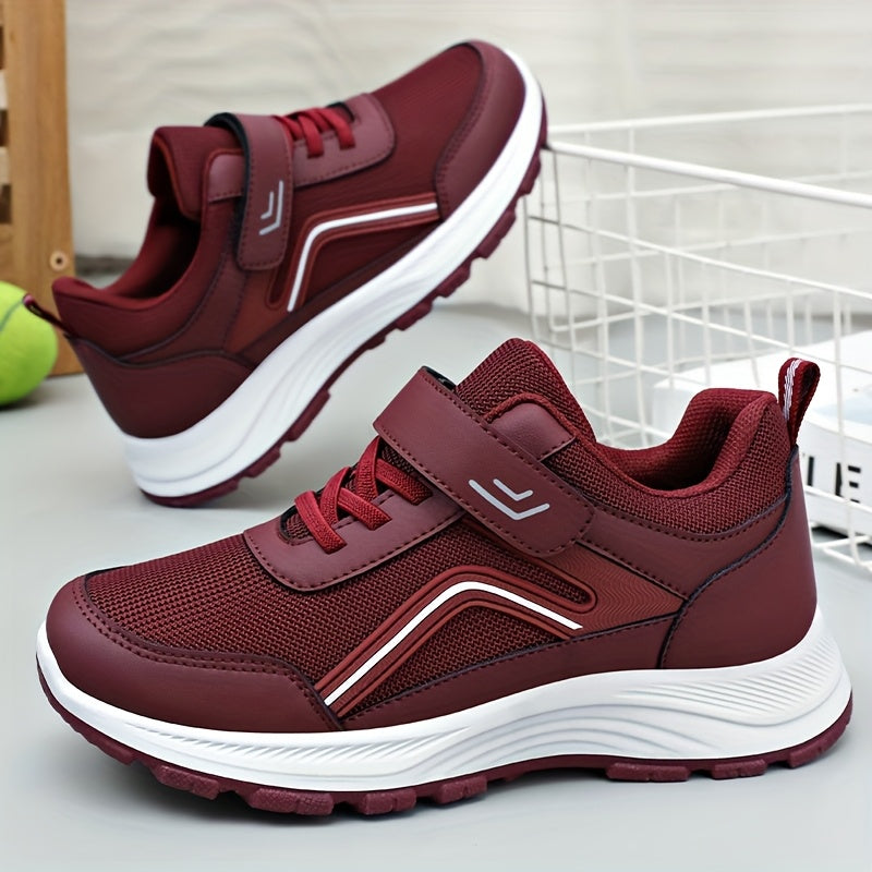 Women's Breathable Mesh Sneakers - Maroon Low-Top Casual Sneakers with Adjustable Hook-and-loop Fastener Strap Laces, Comfortable Fabric Insole, All-Season Round Toe Design, Breathable Footwear Stylish Mesh Sneakers Adj