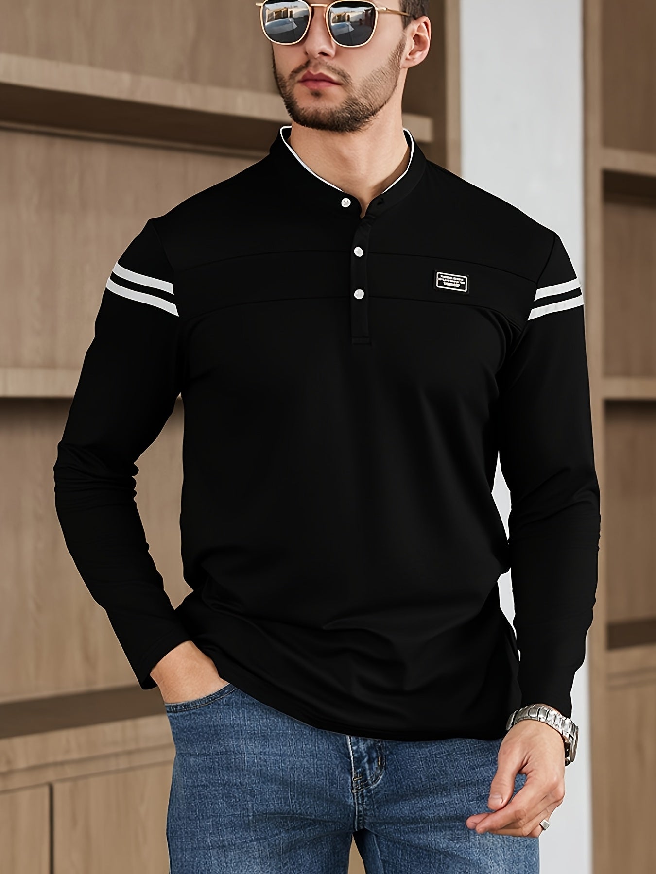 Men'S Casual Long Sleeve T-Shirt - Solid Color with Stand Collar Stripe Polo, Button-Up Front, Ideal for Outdoor Activities