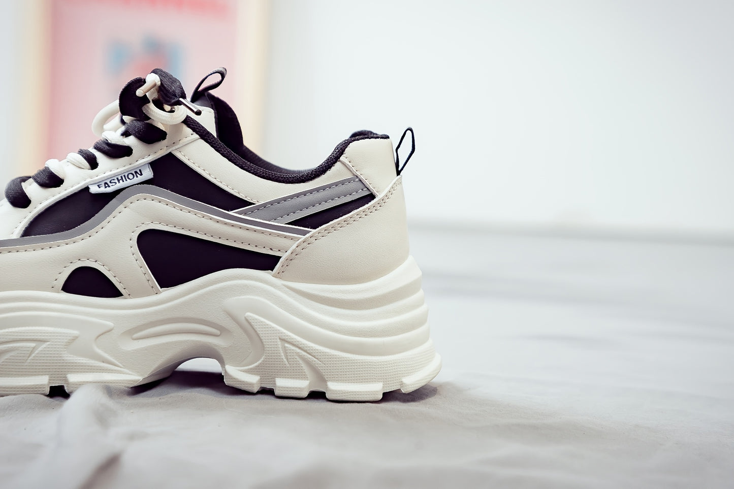 Women's Trendy Chunky Sneakers - Breathable Lace-Up Dad Shoes with Thick PVC Sole, White Beige Two-Tone Design, Versatile Low-Top Style for Casual Attire