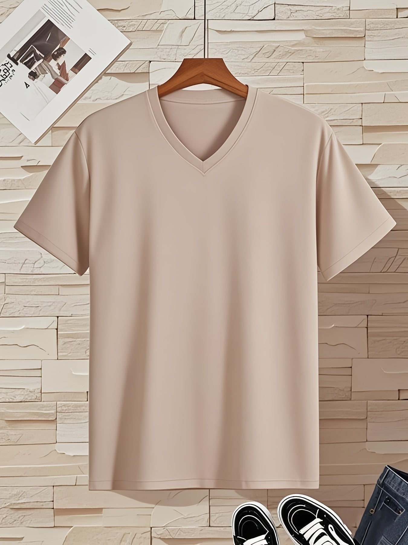 Men'S V-Neck Short Sleeve T-Shirt - Lightweight Breathable, Casual Fit, Solid Black, Perfect for Summer, High-Quality Knit Fabric, Everyday Tshirt Casual Style Comfortable Fit
