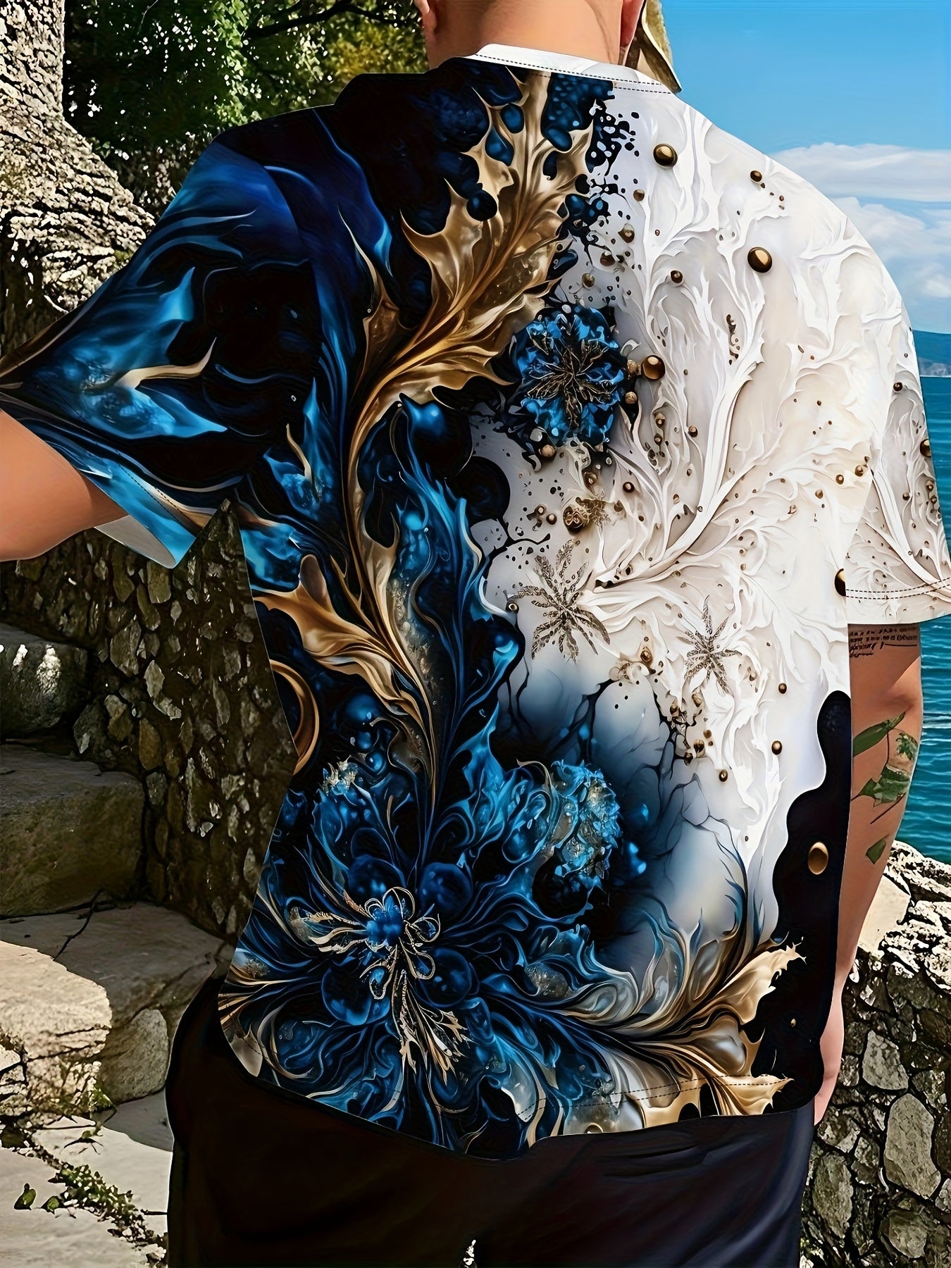 Men's Casual Short Sleeve T-Shirt with Dual-Sided Digital Print - White Blue/Golden Floral Design, Breathable Round Neck Tee, Machine Washable Regular Fit for Casual Attire, Streetwear Style, Bold Pattern, Lightweight Tee,