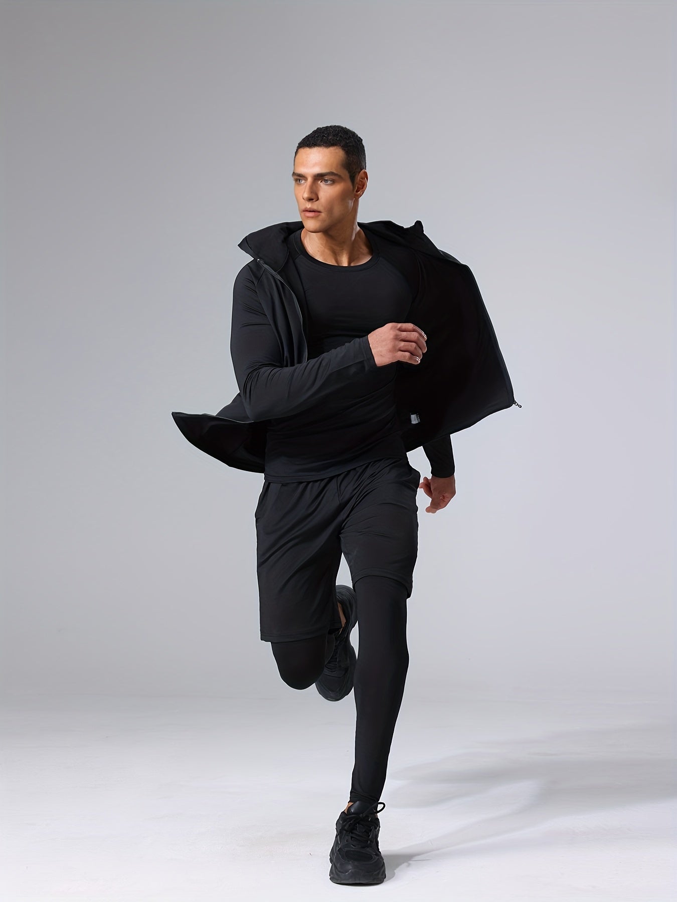 4pcs Athletic Sportswear Set, Polyester 95% Elastane 5% Knit Fabric, All-Season Crew Neck Hoodie, Skinny Fit Solid Color, Breathable Quick-Dry for Running, Fitness, Cycling & Outdoor Activities