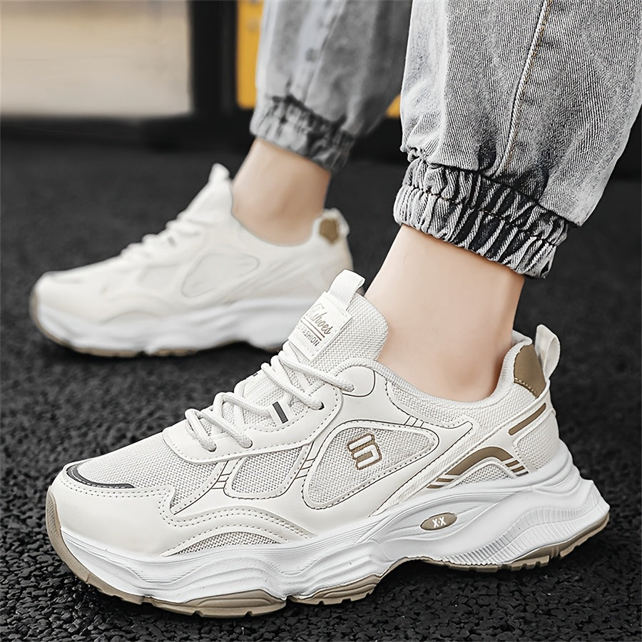 Men'S 2025 New Fashionable Low-Top Sneakers with Thick Sole - Non-Slip, Outdoor Casual Shoes for Teenagers and Young Adults, White and Golden Accents, All-Season Comfort, Casual Footwear Modern Sneaker Design Rubber Base