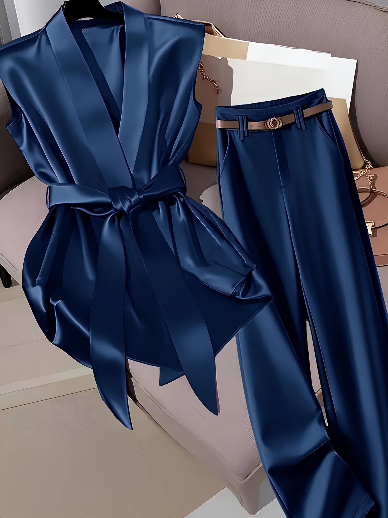 Elegant Navy Blue Satin Sleeveless Blouse & Wide-Leg Pants Set - Chic Belted Waist, High-Waisted Design, Smooth Texture, Perfect for Casual or Formal Occasions, Formal Attire | Belted Waist Blouse | Glossy Finish
