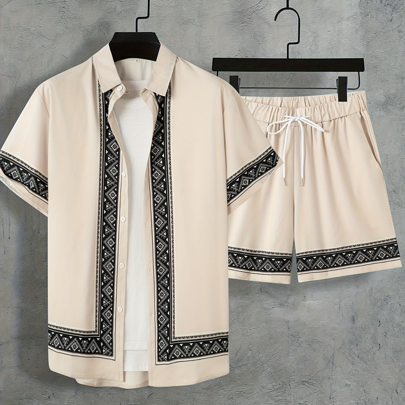Men'S Two-Piece Set Consisting of a Casual Short-Sleeve Button-Up Shirt And Drawstring Pants, Perfect for Summer Wear.