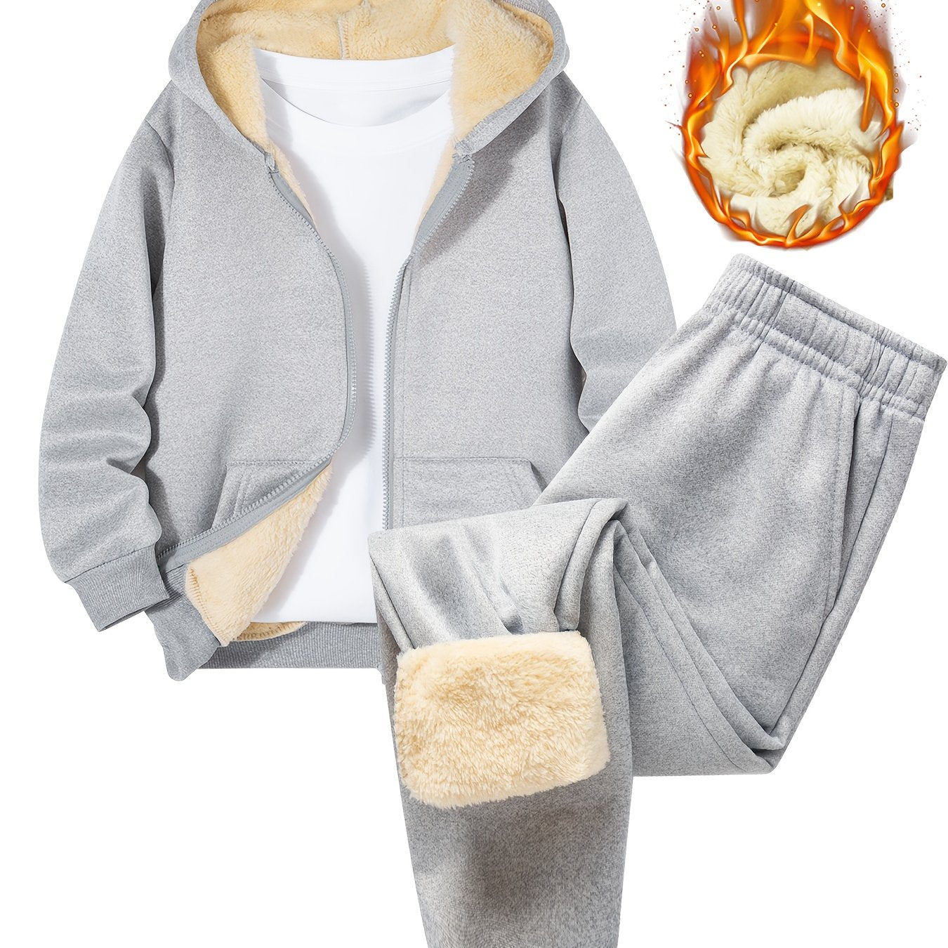 2pcs Boys' Fleece-Lined Hooded Sweatshirt + Casual Pants Set, Solid Color Long-Sleeved Zip-Up Top with Medium Stretch Warm Fabric for Autumn/Winter Season, Perfect for