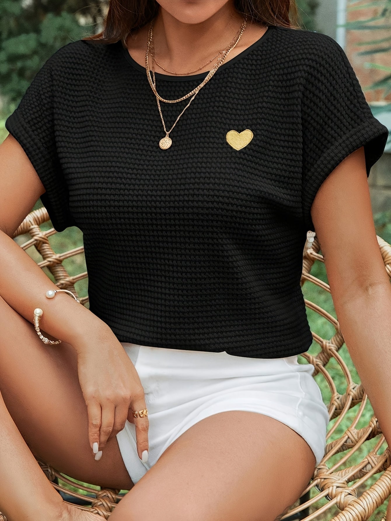 Women's Elegant Heart Short Sleeve Top - Semi-Sheer Stretchy Blouse with Golden Embroidery, Machine Washable Spring/Summer Casual & Formal Wear, Summer Fashion, Minimalist Design, Semitransparent Fabric