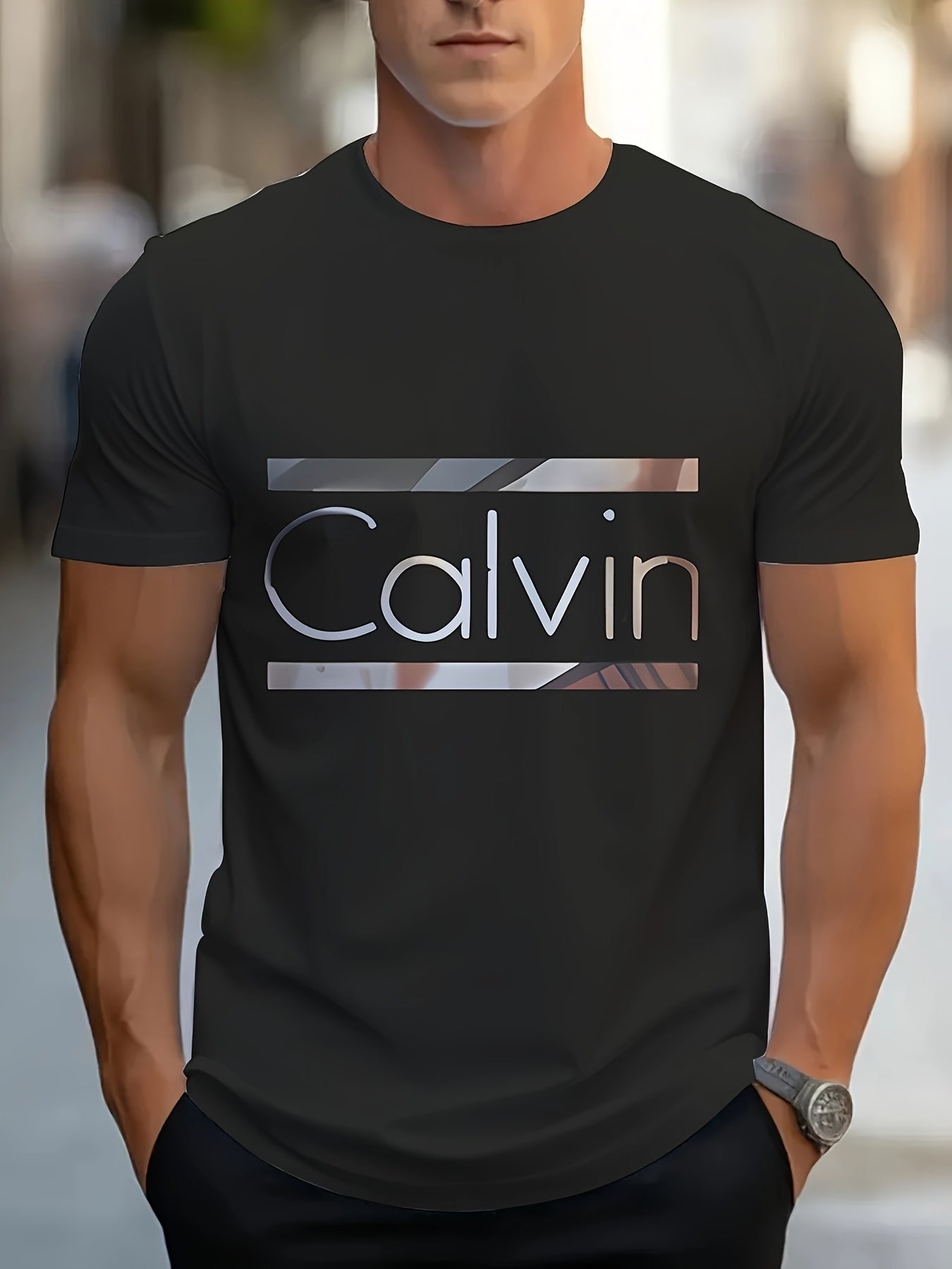 Men'S "Calvin" Graphic T-Shirt - Casual 3D Print Letter Tee with Geometric Design, Short Sleeve, Round Neck, Light Blue, Perfect for Summer, Everyday Sportswear, Casual Wear Tee Modern Casualwear Comfortable Fit