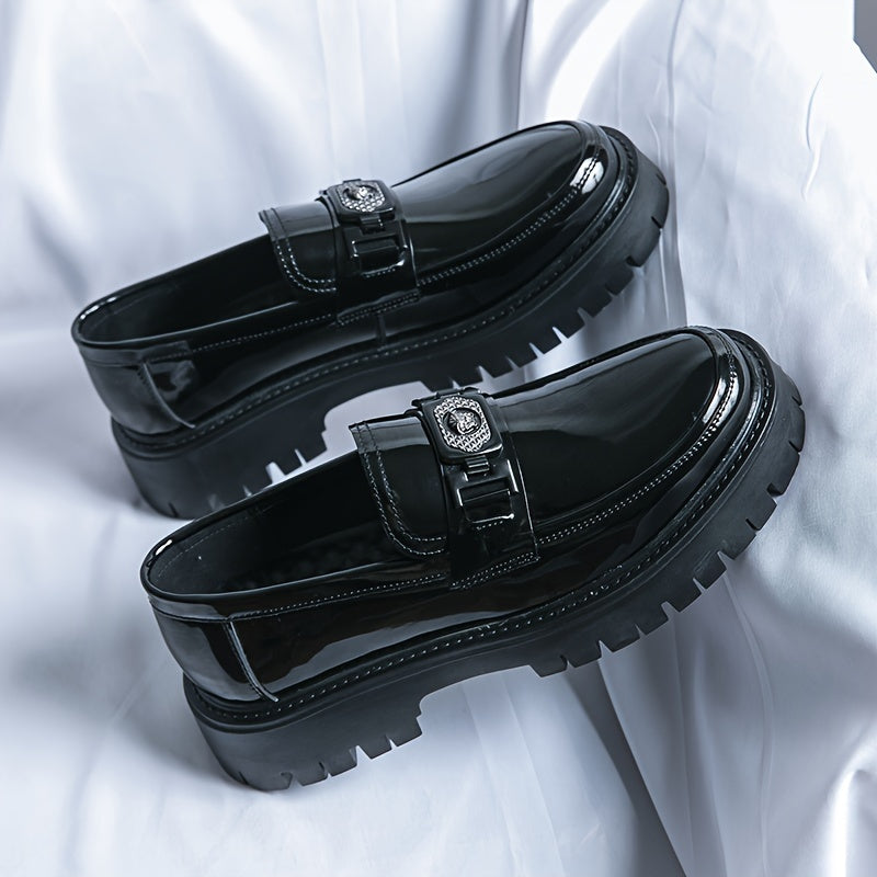 Men'S Black Soft Patent Platform Chunky Heel Loafers Fashion Tassel Business Casual Formal Work Shoes Non-Slip Lug Sole Slip-On Penny Loafers