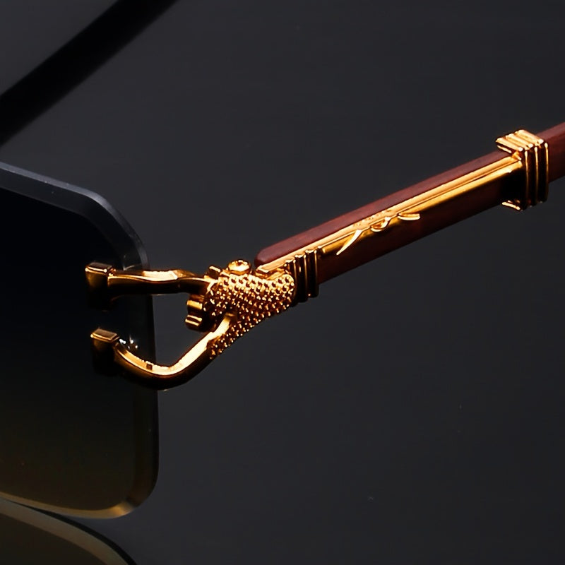 Elegant Rimless Pilot-Style Fashion Glasses for Men & Women - Golden Leopard Print with Green Gradient Lenses, Lightweight Metal Frame, Ideal for Beach Parties & Travel