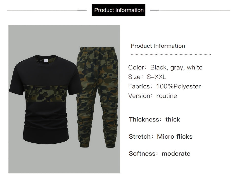 Men'S Camouflage Short Sleeve T-Shirt & Pants Set - Breathable, Quick-Dry Knit Fabric, Casual Style, Regular Fit, Ideal for Outdoor Activities, Hiking, and Fishing, Outdoor Clothing | Casual Style | Comfortable Fit