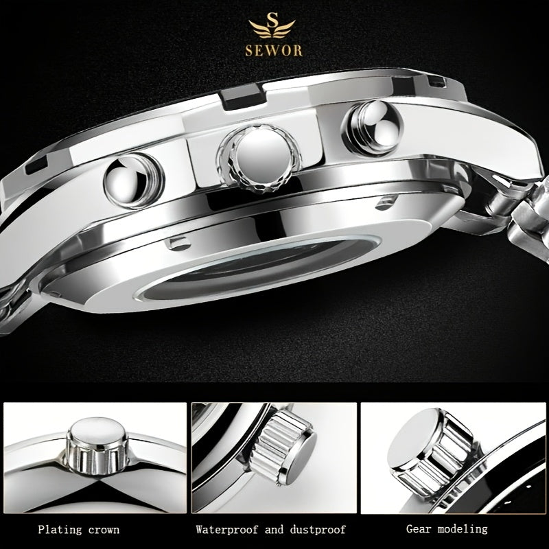 Fashion Statement, Men's Luxury Automatic Mechanical Watch - Elegant Stainless Steel Band, Multi-Function with Sun, Moon, and Stars Display, Transparent Back for Sophisticated Style