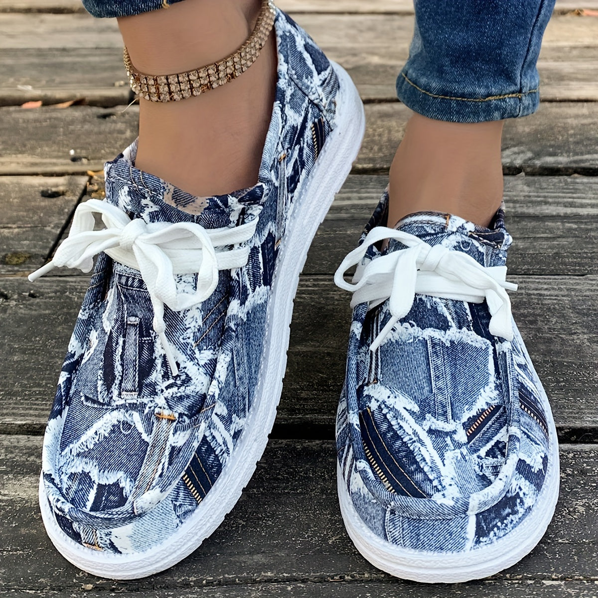 Women's Denim Print Flat Sneakers, Lightweight Round Toe Low Top Shoes, Casual Outdoor Walking Shoes plus size