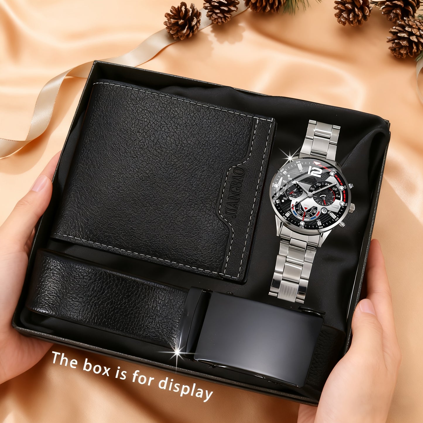 3pcs Men'S Watch Set, Wallet, and Belt | Fashionable, Casual, Light Luxury, Gorgeous, Handsome, Sporty, Trendy, Suitable for Daily Use, Ideal Gift for Holidays and Birthdays, No Gift Box Included