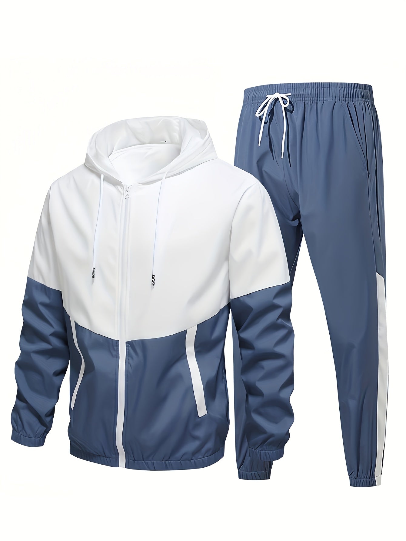 2pcs Men'S Casual Sportswear Set - Color Block Hooded Jacket and Pants, Polyester, Machine Washable, All-Season, with Pockets, Regular Fit, Spring Sportswear|Hooded Sportswear|Machine Washable Fabric