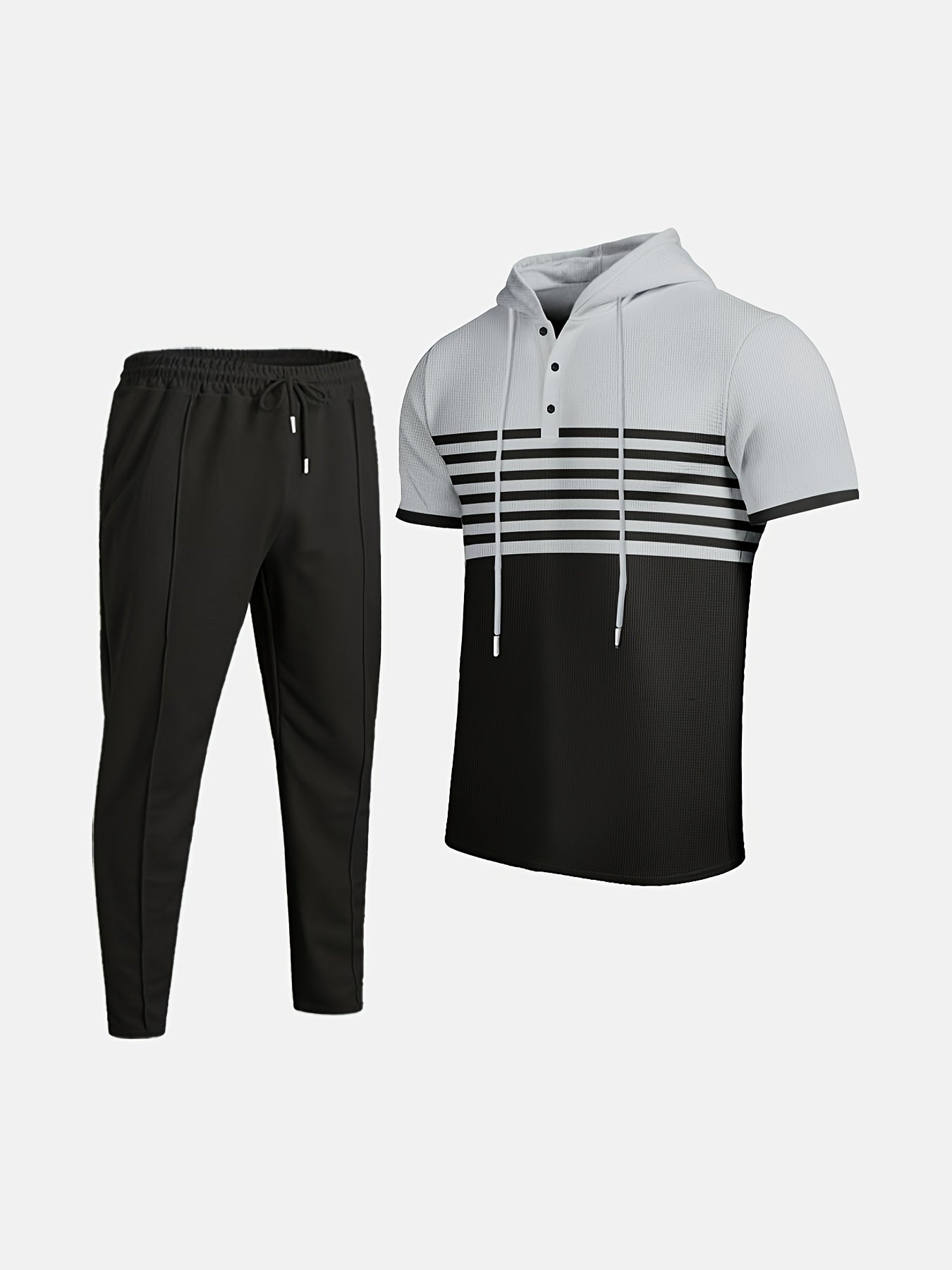 Men'S Summer Casual Sportswear Set, Striped Patchwork Short Sleeve, Polyester Material, Suitable for Leisure and Sports Outings, Fashionable and Trendy, with Drawstring Belt and Pockets, Ideal for Summer Activities, Hooded Sh