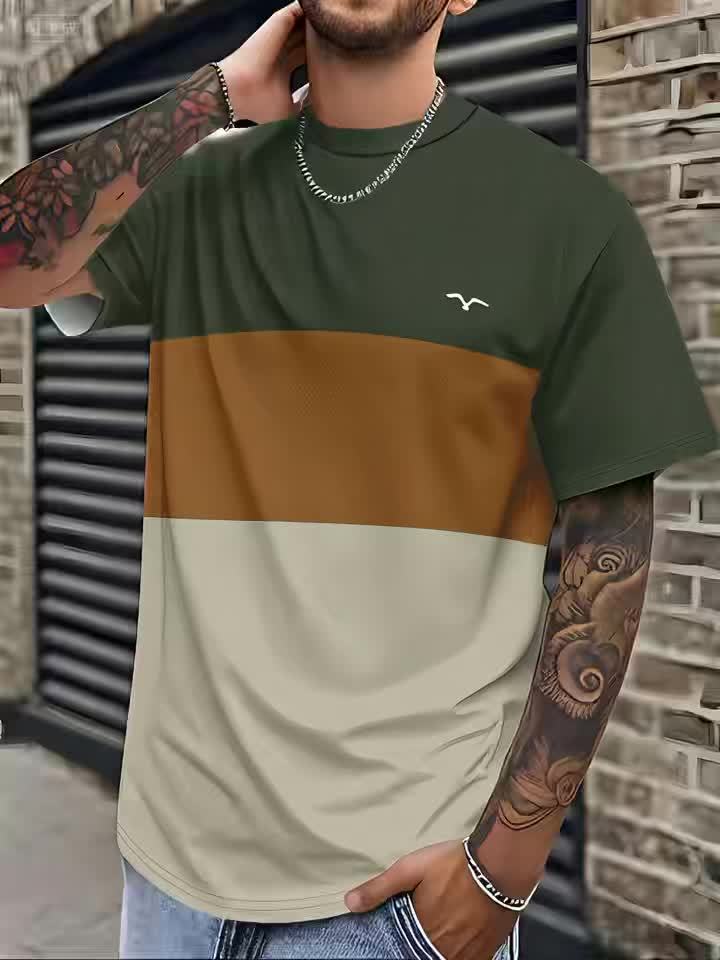 Men's Modern Fit T-Shirt - Dark Green to Beige/Ochre Color Transition, Machine Washable Casual Everyday Shirt for Parties Outings - Non-Transparent Fabric, Horizontal Stripe Design, Comfortable Fit Tee, Outing Attire, Trend