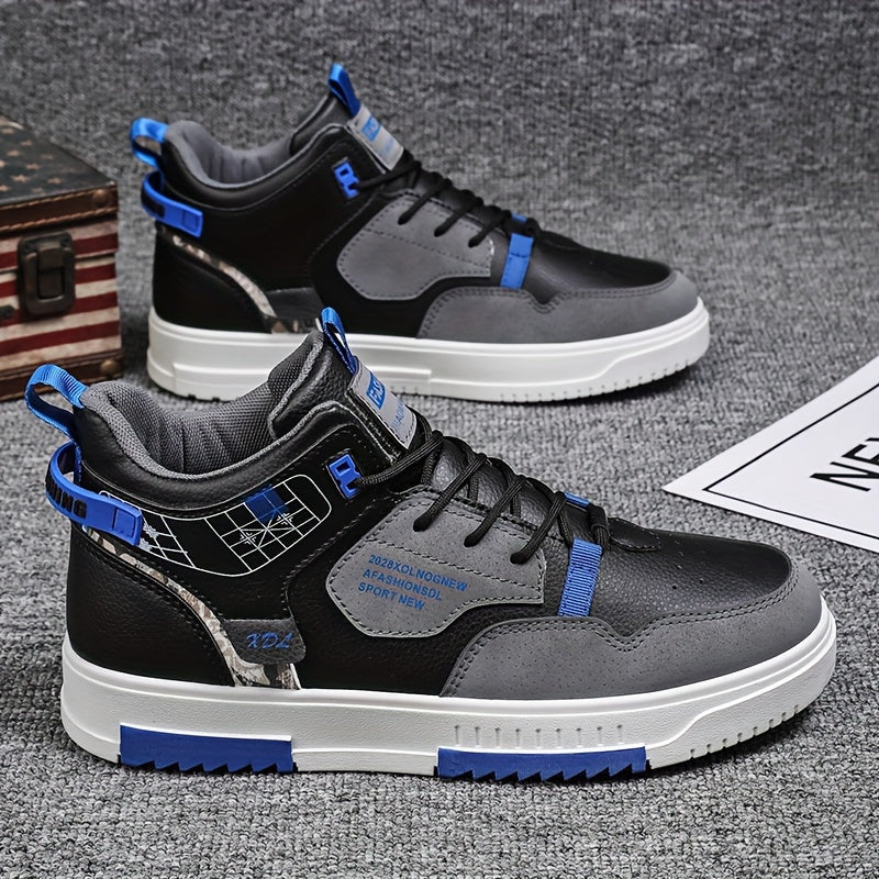 Men's Skate Shoes with Good Grip Breathable Design - PU Upper, Cushioned PVC Sole, Black/Blue Letter Pattern Lace-Up Sneakers for All-Season Casual Sports Wear, Allseason Shoes Modern Casual Shoes Comfortable Wear