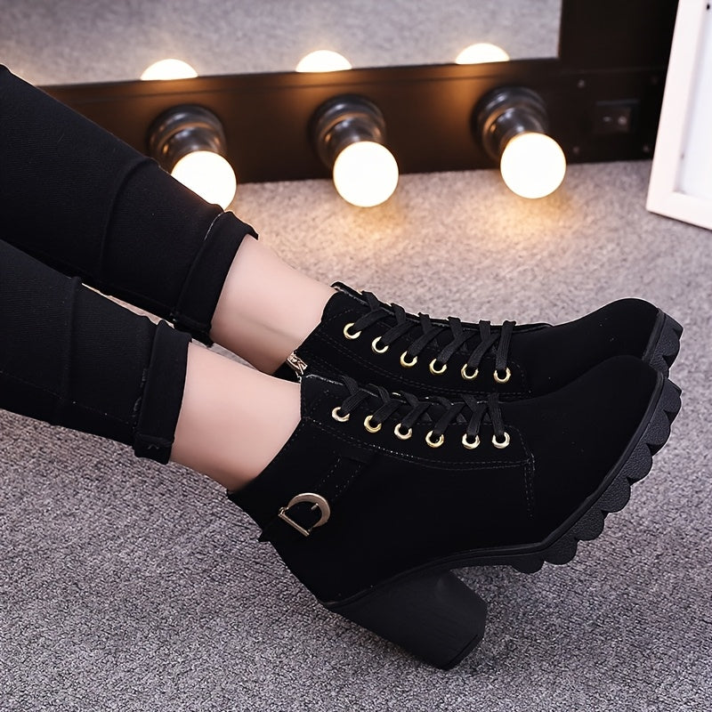 Women's Chunky platform heel Boots - Lace-up closure, Faux Cover Round-toe boots with, Thick Platform Sole for Dresses, Jeans, Party Outfits - All-Season Everyday Formal Shoes, Stylish Outfit Additions, Side Zipper Detail,