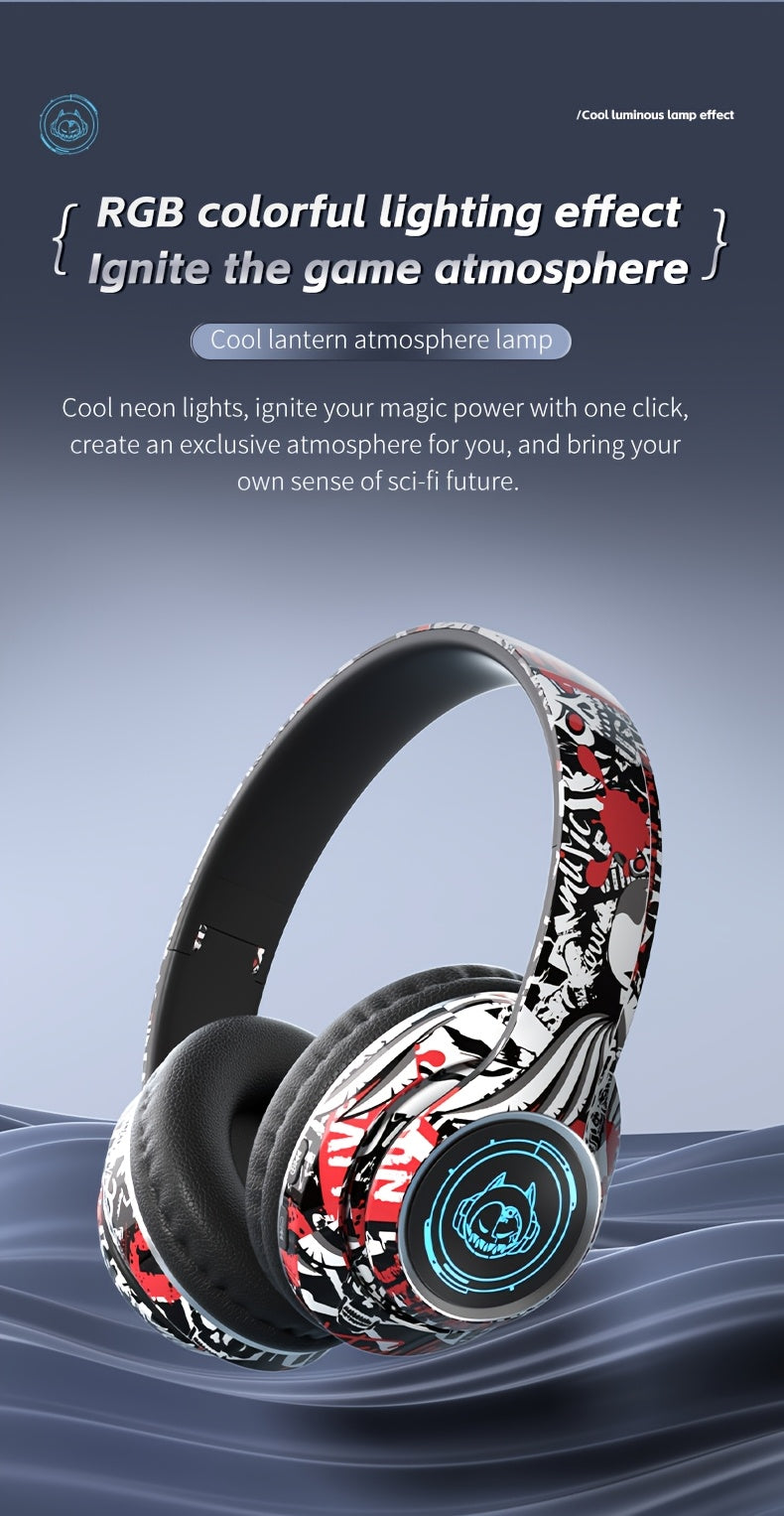 Wireless Headset with Shocking Sound, HIFI Sound Quality, 50 Hours Battery Life, Support Card Playback, Wired/Wireless Connection, RGB Luminous Lamp Effect, New Upgrade/Physical Noise Reduction, Acoustic Fidelity, Non-Inducti