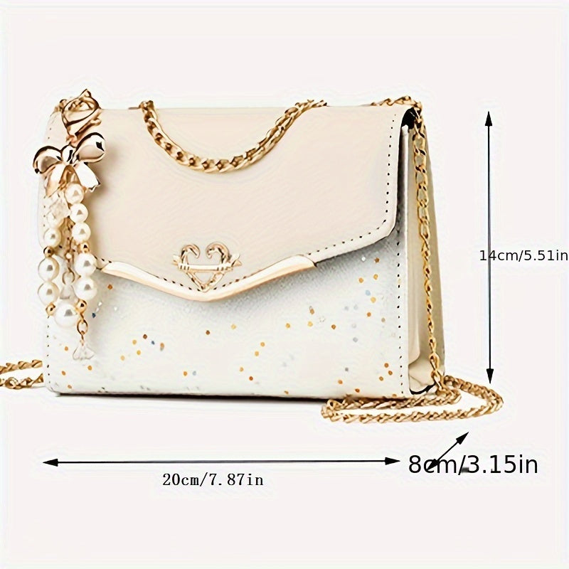 Elegant Women'S Sequin Chain Crossbody Bag - White Shoulder Purse with Golden-Tone Hardware & Decorative Pendant, Perfect for Festivals & Parties, Festival Shoulder Bag | Elegant Chain Strap | Decorative Pendant, Novelty Purs
