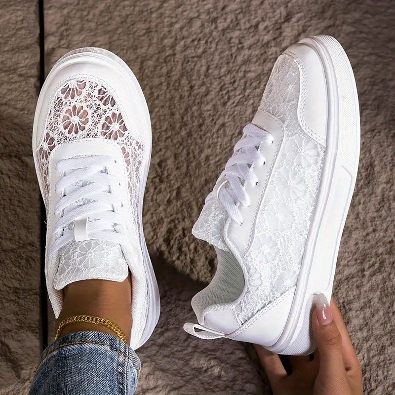 Women'S Elegant Lace Sneakers - Breathable Fabric Upper, White with Floral Pattern, Lightweight Soft Sole, Durable EVA, Perfect for Daily Work, Sports, Summer Outings Vacations, Casual Footwear Elegant Sneaker Comfort