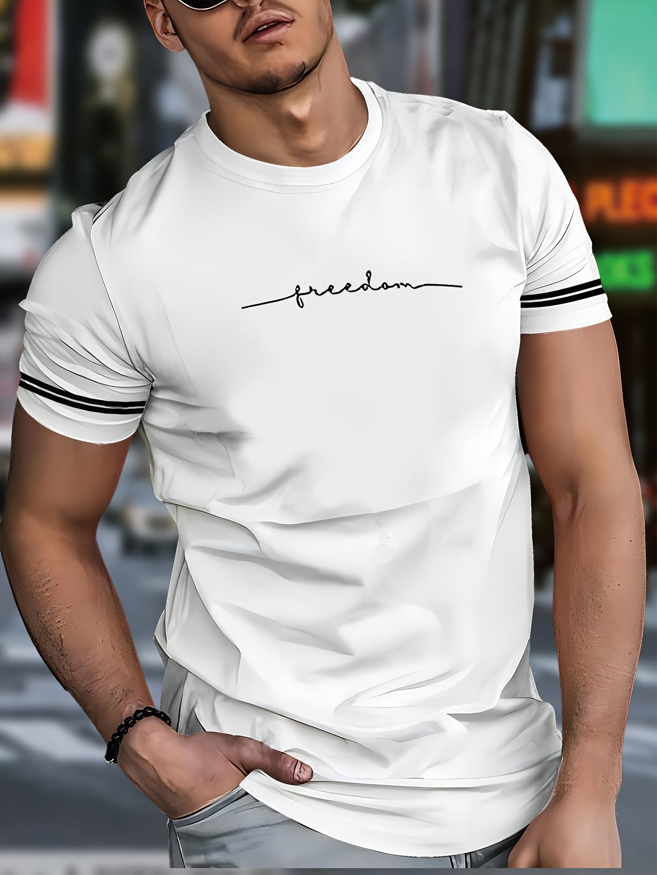 Men'S "Freedom" Graphic T-Shirt - Black Casual Crew Neck Tee with White Stripes, Breathable Polyester Blend, Regular Fit for Casual Attire, Everyday Tshirt Bold Print Tee Comfortable Fit, Knit