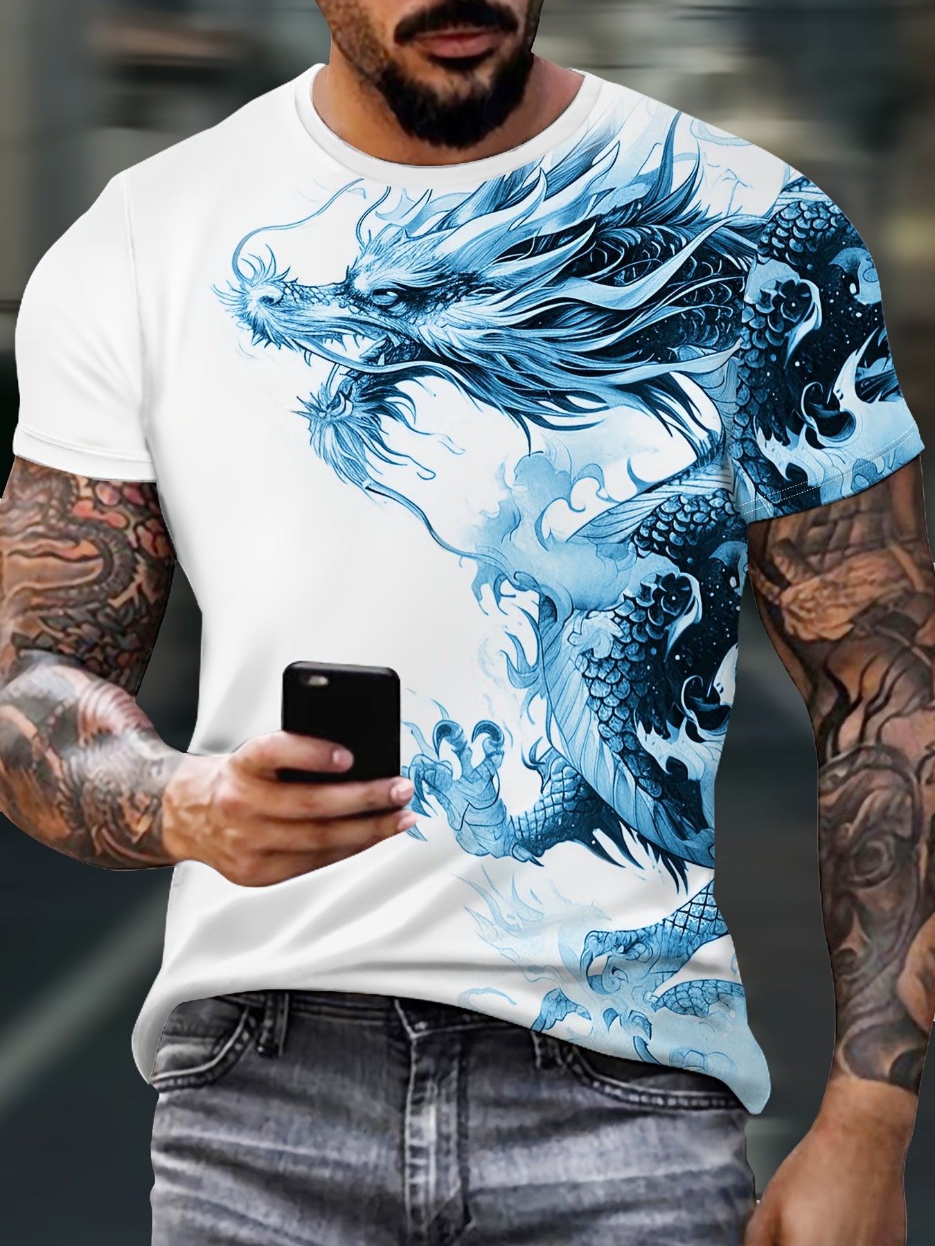 Men's Bold Dragon Graphic Tee - Short Sleeve, Crew Neck, Polyester Blend - Perfect for Summer Outings Casual Wear