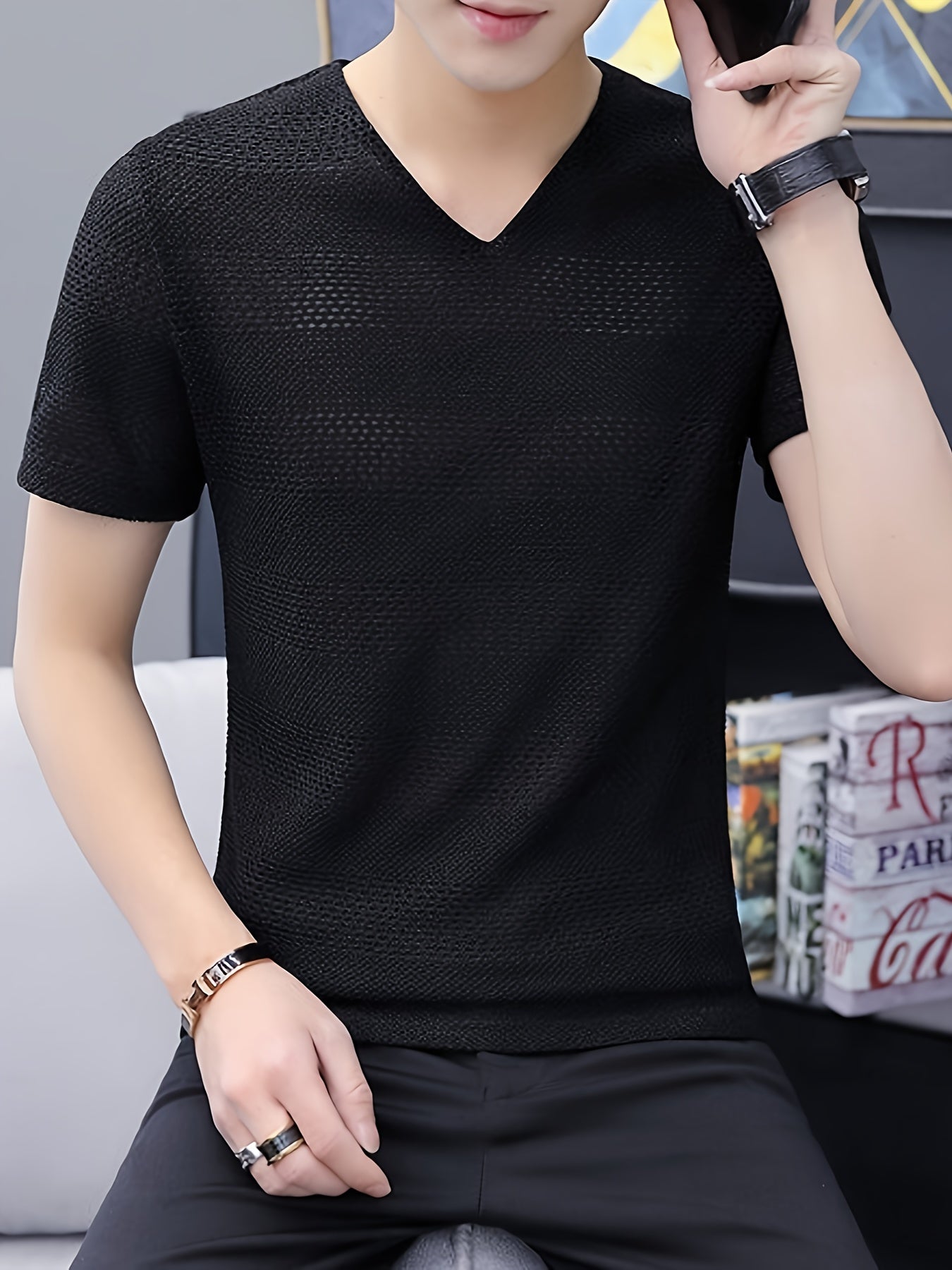 Men's Short-Sleeve T-Shirt Summer Hollow-Out Cool High-End Half Sleeve Breathable Non-See-Through
