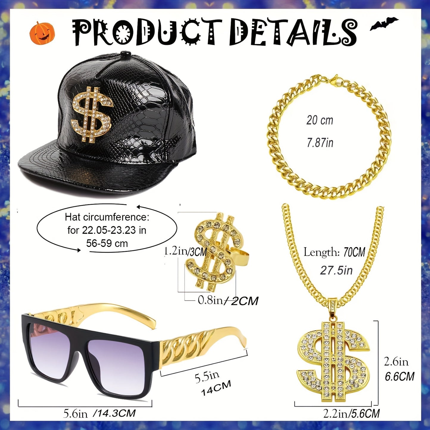 5pcs Hip Hop Costume Kit 80s 90s Rapper Accessories Set Golden Rapper Hat Baseball Cap Punk Fashion Glasses Golden Dollar Sign Pendant Necklace Ring Bracelet for Men Women Carnivals, throwback party Outfit Halloween Jewelry f