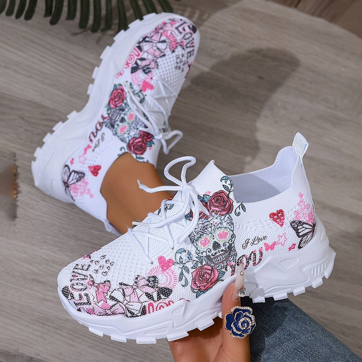 Women's Floral Skull Print Breathable Mesh Sneakers, Lightweight Low-Top Running Shoes with Soft PU Sole, Stylish Pink White Design for Casual Wear, Outdoor Travel Halloween Events, Allseason Footwear Japaneseinspired