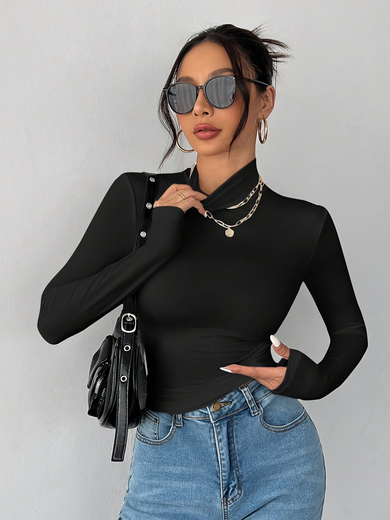 Women'S Elegant High Neck Long Sleeve T-Shirt - Soft Stretchy Solid Color Top for Spring Summer Fall, Versatile Casual & Formal Wear, Machine Washable, Seasonal Fashion, Sophisticated Style, Comfortable Fit, Stylish Blouse, F