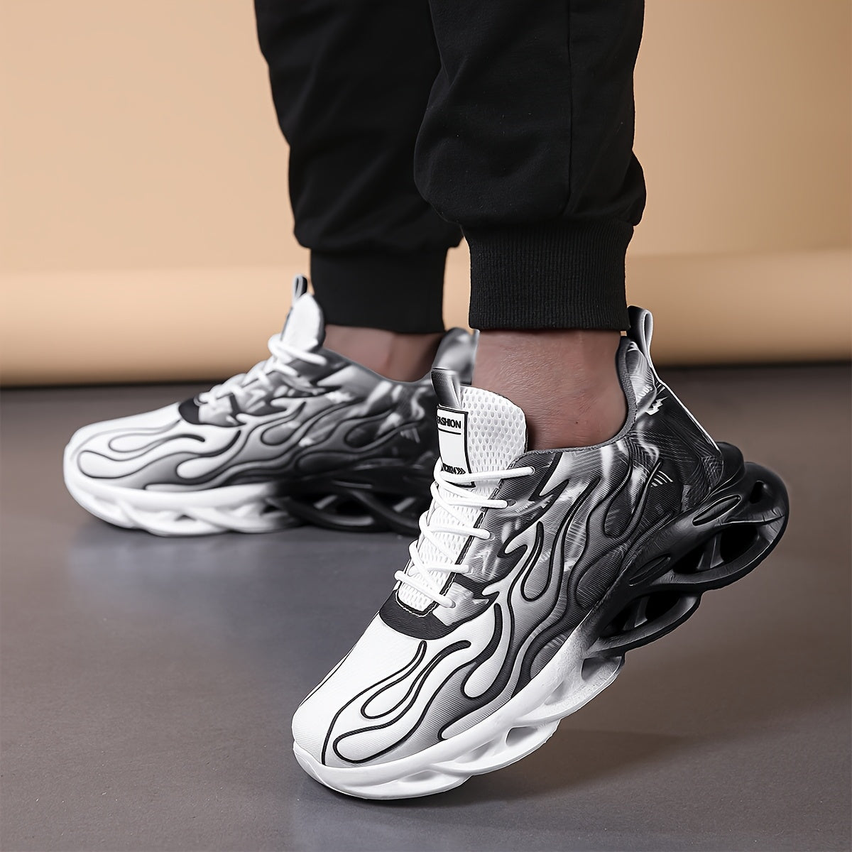 Trendy Black White Gradient Sneakers - Breathable Mesh, Thick Sole for Height Boost, Fashion Athletic Casual Running Shoes with Flame Design, Perfect for Students Casual Attire, High Top Sneakers