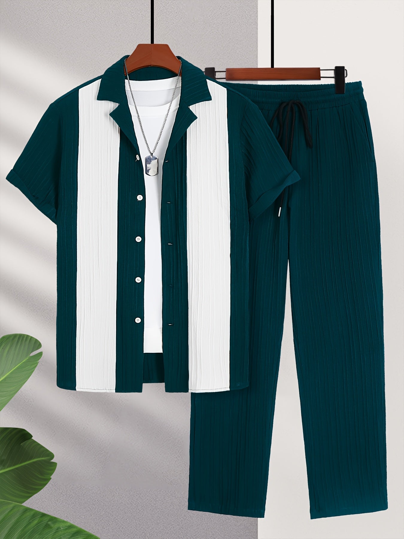 New Men's Colorful French Stripe Short Sleeve Shirt and Trousers Set