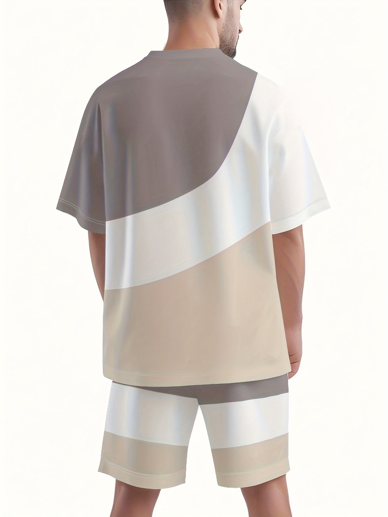 Summer New Round Neck Short Sleeve T-Shirt Set, 3-Color Patchwork Pattern, Front Chest Fashion Letter, Casual Style, Simple Matching Outfit Suitable for Date Night