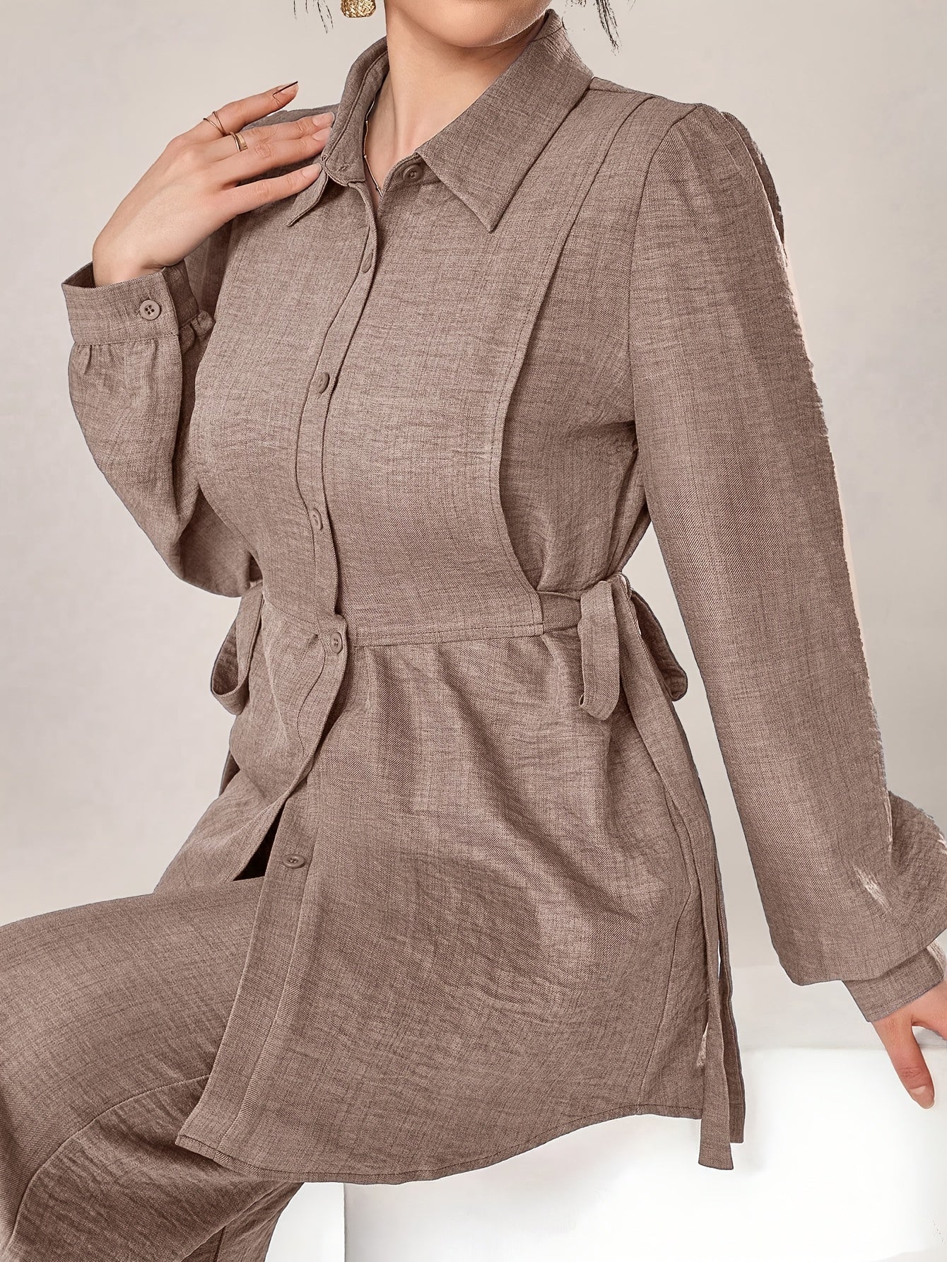 Stylish and Elegant Casual Two-Piece Women's Outfit with Side Tie Single-Breasted Shirt and Wide-Leg Pants for Office Wear