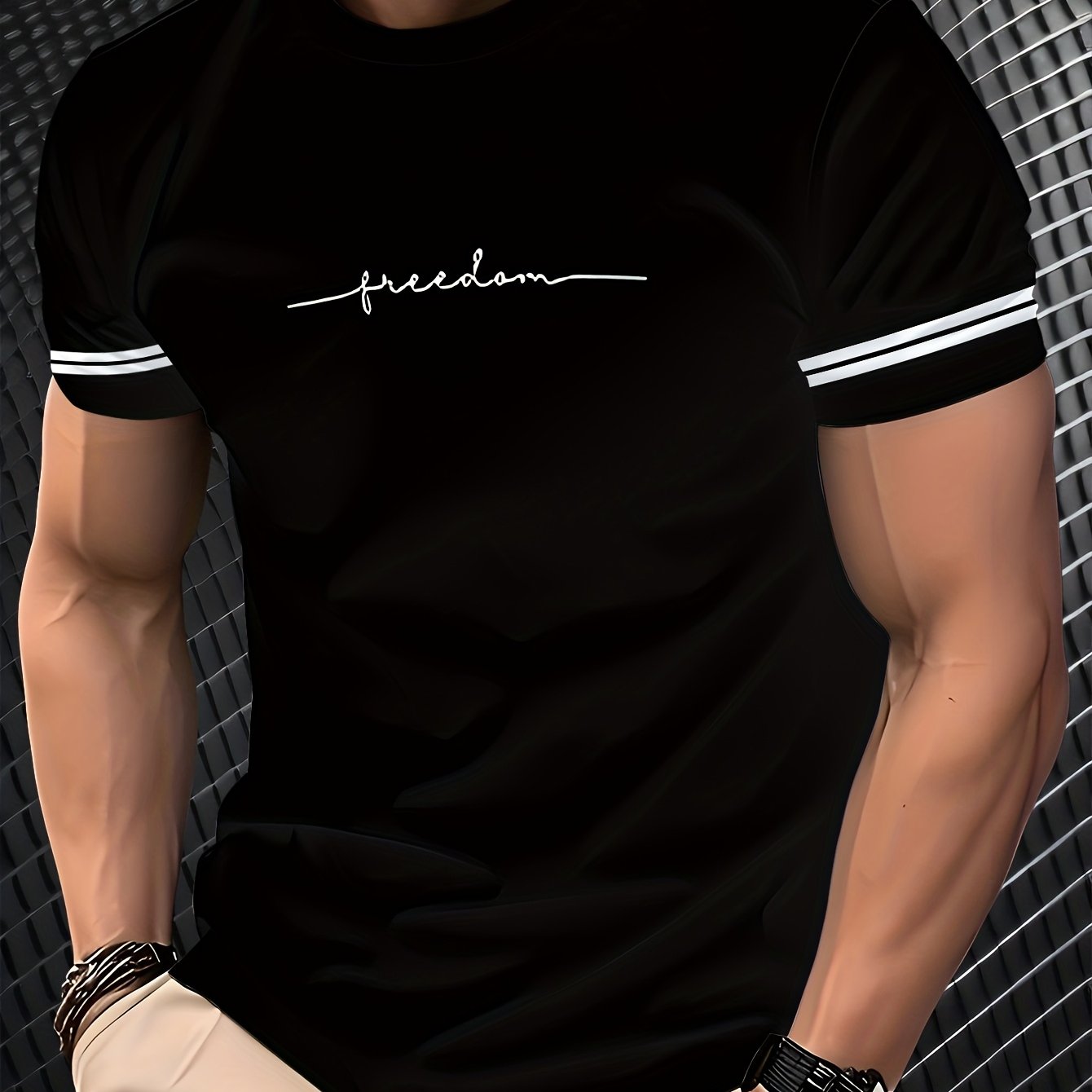 Men'S "Freedom" Graphic T-Shirt - Black Casual Crew Neck Tee with White Stripes, Breathable Polyester Blend, Regular Fit for Casual Attire, Everyday Tshirt Bold Print Tee Comfortable Fit, Knit
